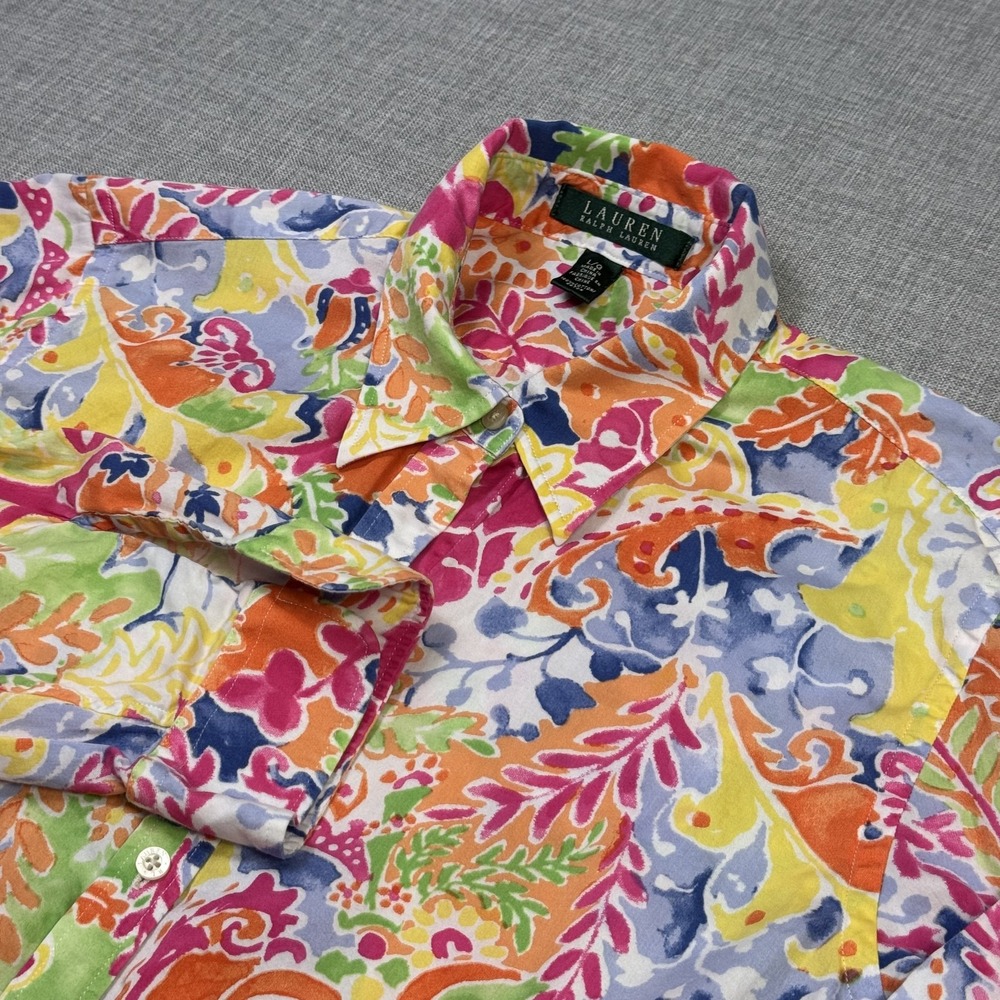 Lauren Ralph Lauren 3/4 Sleeve Floral Button-Up Shirt Womens Large Multicolor